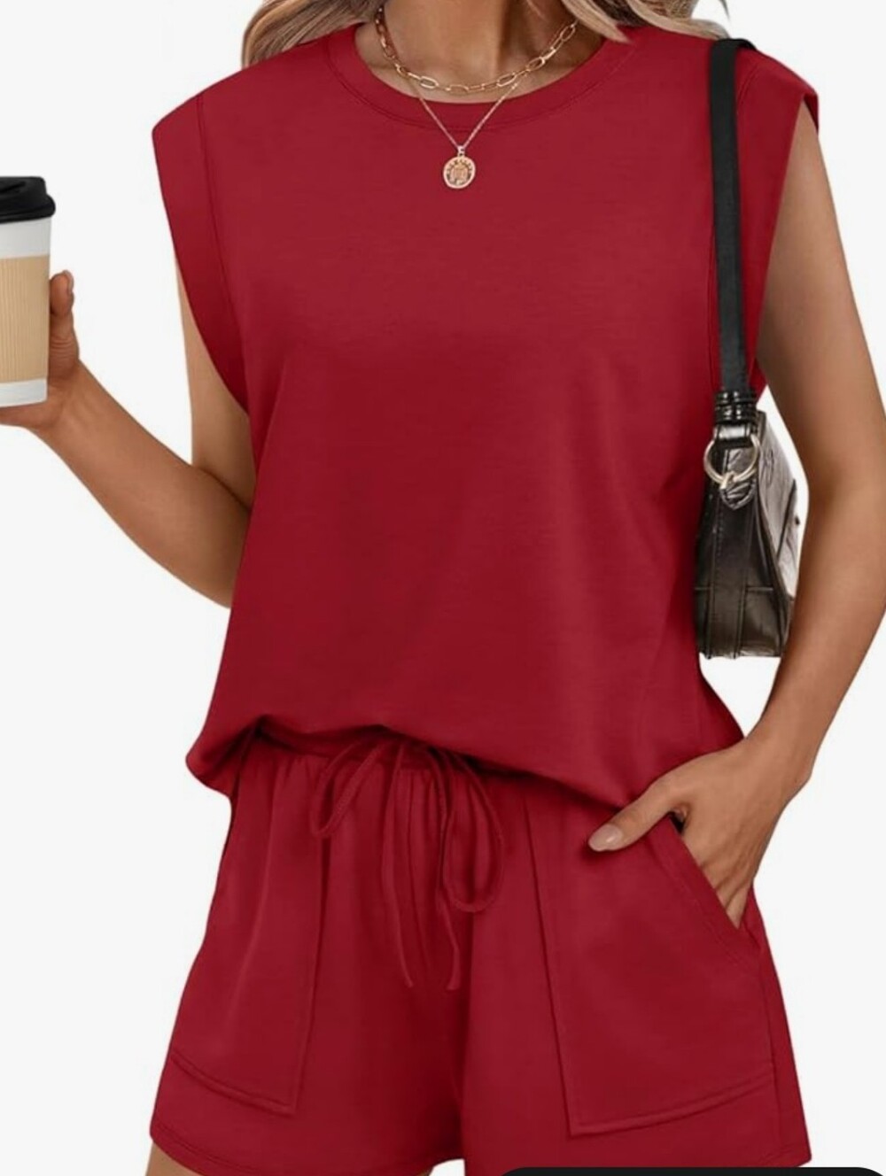 Sleeveless Top and Drawstring Shorts Set - Red